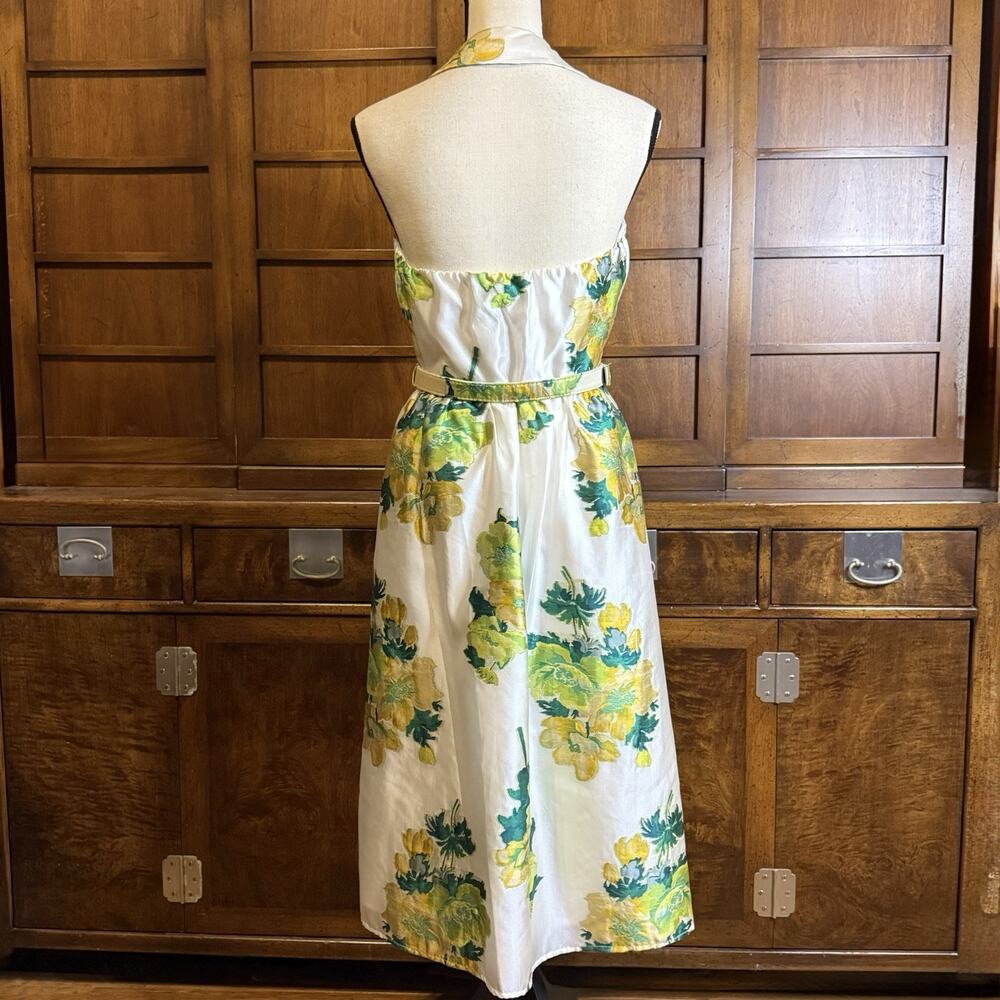 Belle Badgley Mischka Greta Backless Midi Dress Size 6 Green Cream Floral Print - Picture 4 of 13